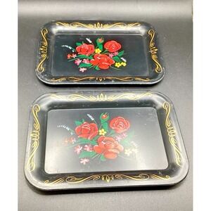 Tip Trays Set of 2 Vintage 1950s Metal Rose Floral 6x4" Trinket Dish / Barware